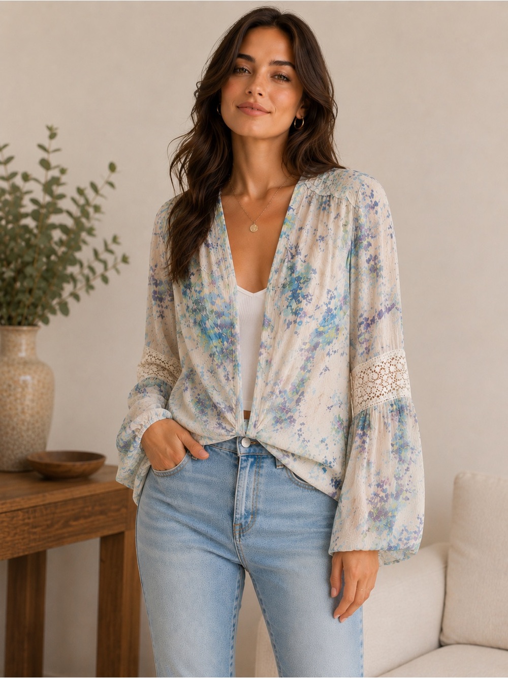 Lovestitch Floral Tie-Front Peasant Blouse - Cream with Blue Floral